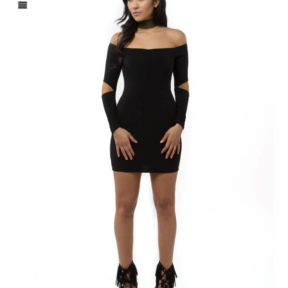 THE MYSTYLEMODE BLACK DOUBLE LINED OFF THE SHOULDER ELBOW CUT OUT MINI DRESS - Picture 4 of 9